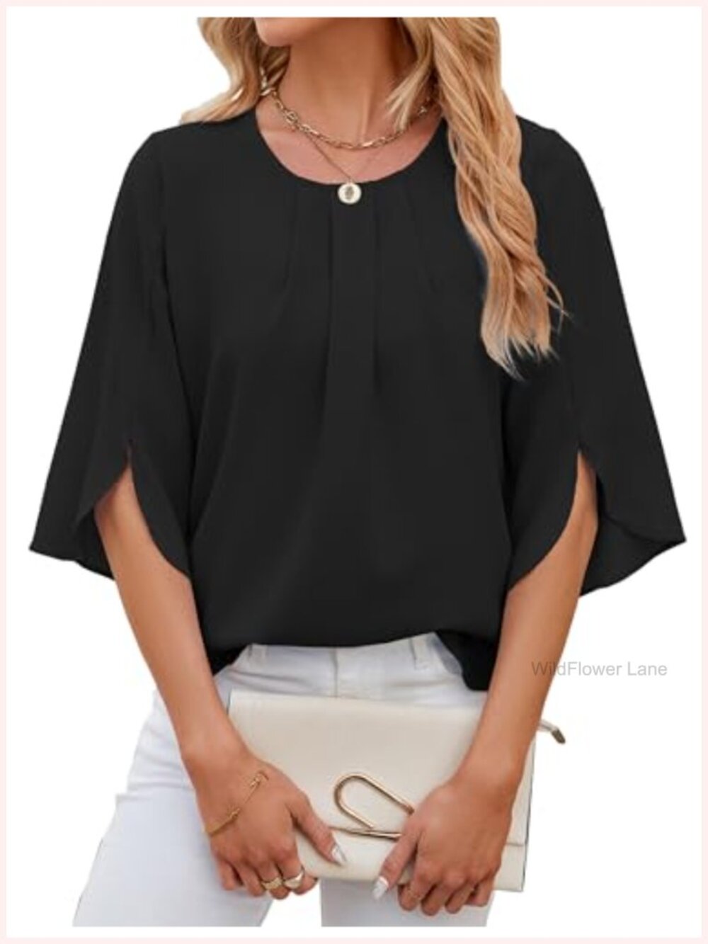 Mansy Womens Pleated Scoop Neck 3/4 Sleeve Chiffon Blouse Office Work Top